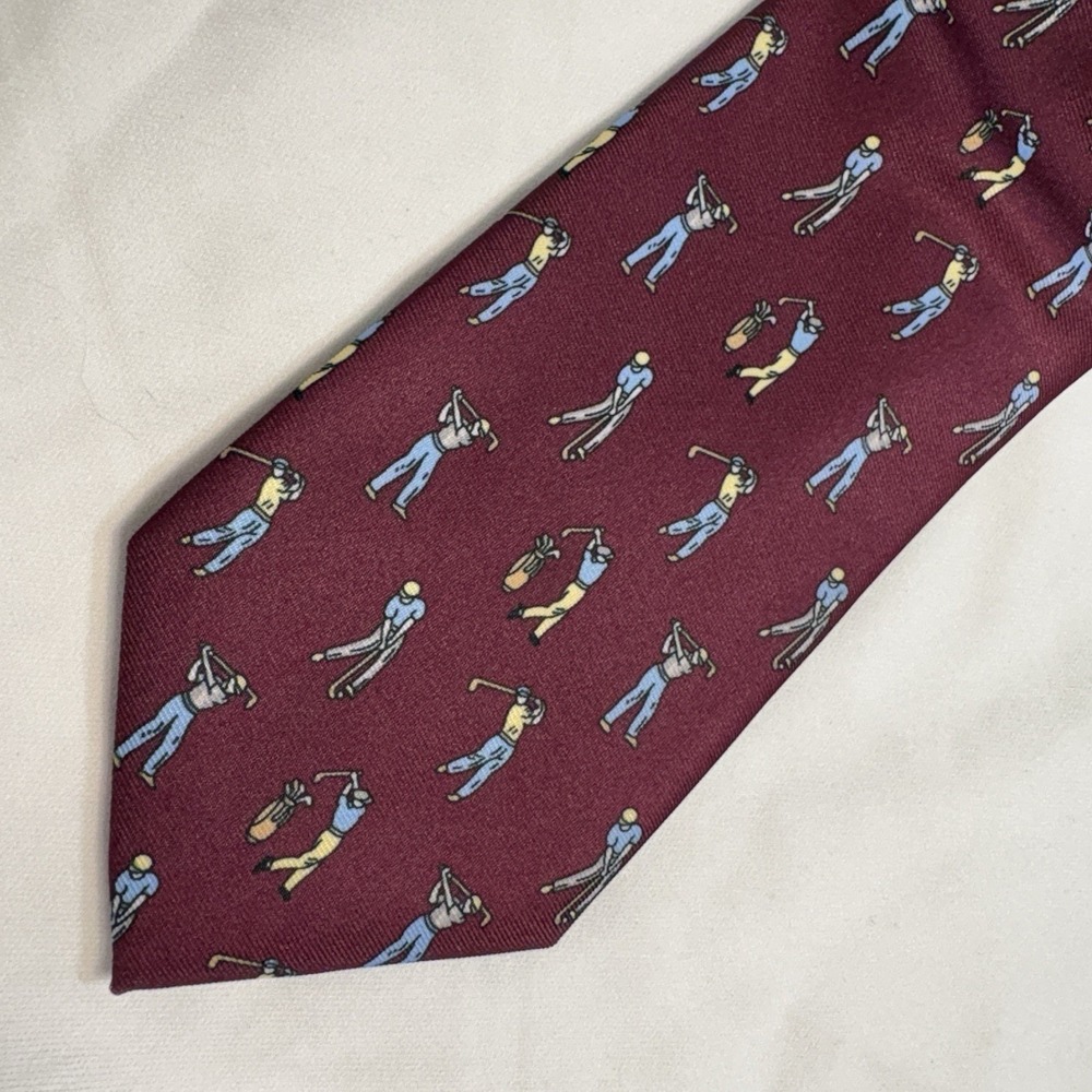 Vtg M.F. FIRENZE XL‎ 63" Silk Tie Italy Golfers Novelty Burgundy Red Tall EUC